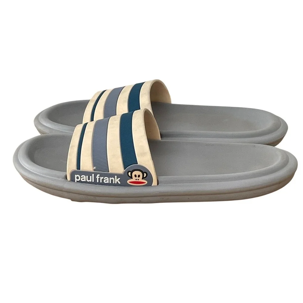 Paul Frank Julius Monkey Striped Slide‎ Sandals Mens 10-11 Gray Blue Retro Pool
